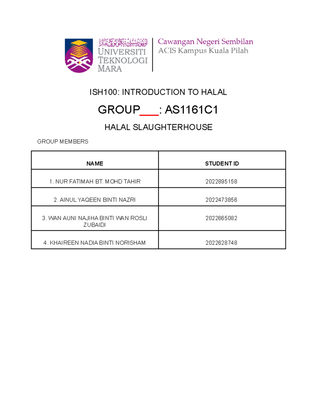 ISH100 Halal Slaughterhouse ISH100 INTRODUCTION TO HALAL GROUP___ AS1161C HALAL