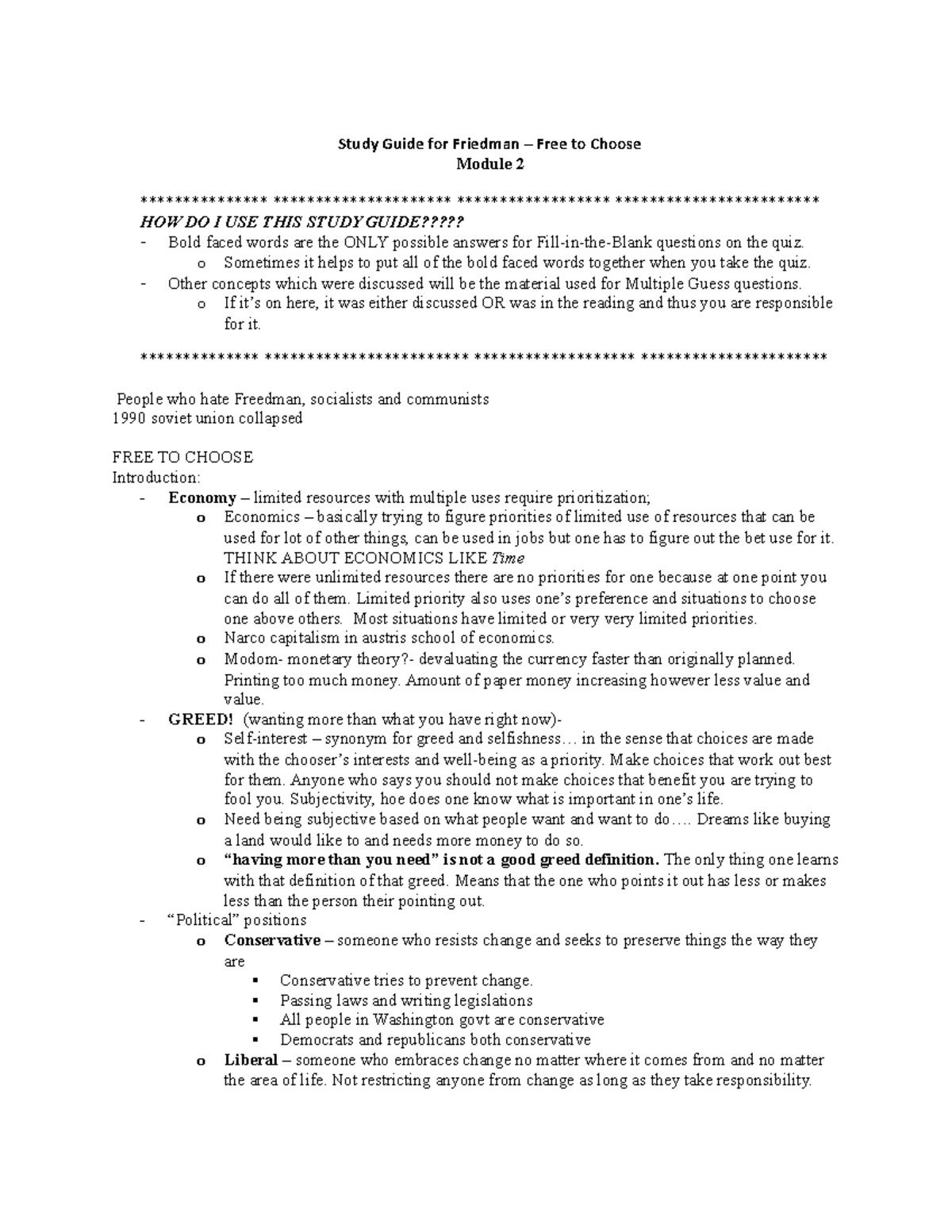 2022+ Spring+ Ihtwo+ Study+ Guide+Friedman+Free+to+choose - Study Guide ...
