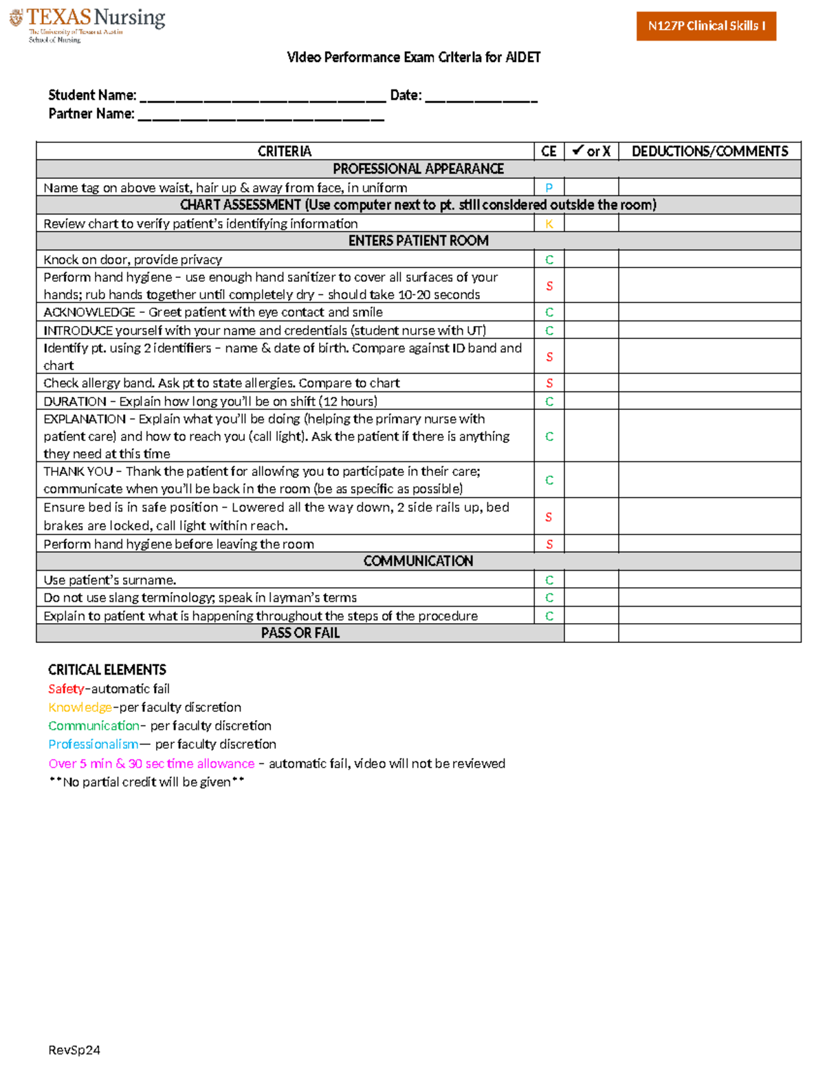 Aidet VPE Criteria - N127P Clinical Skills I Video Performance Exam ...