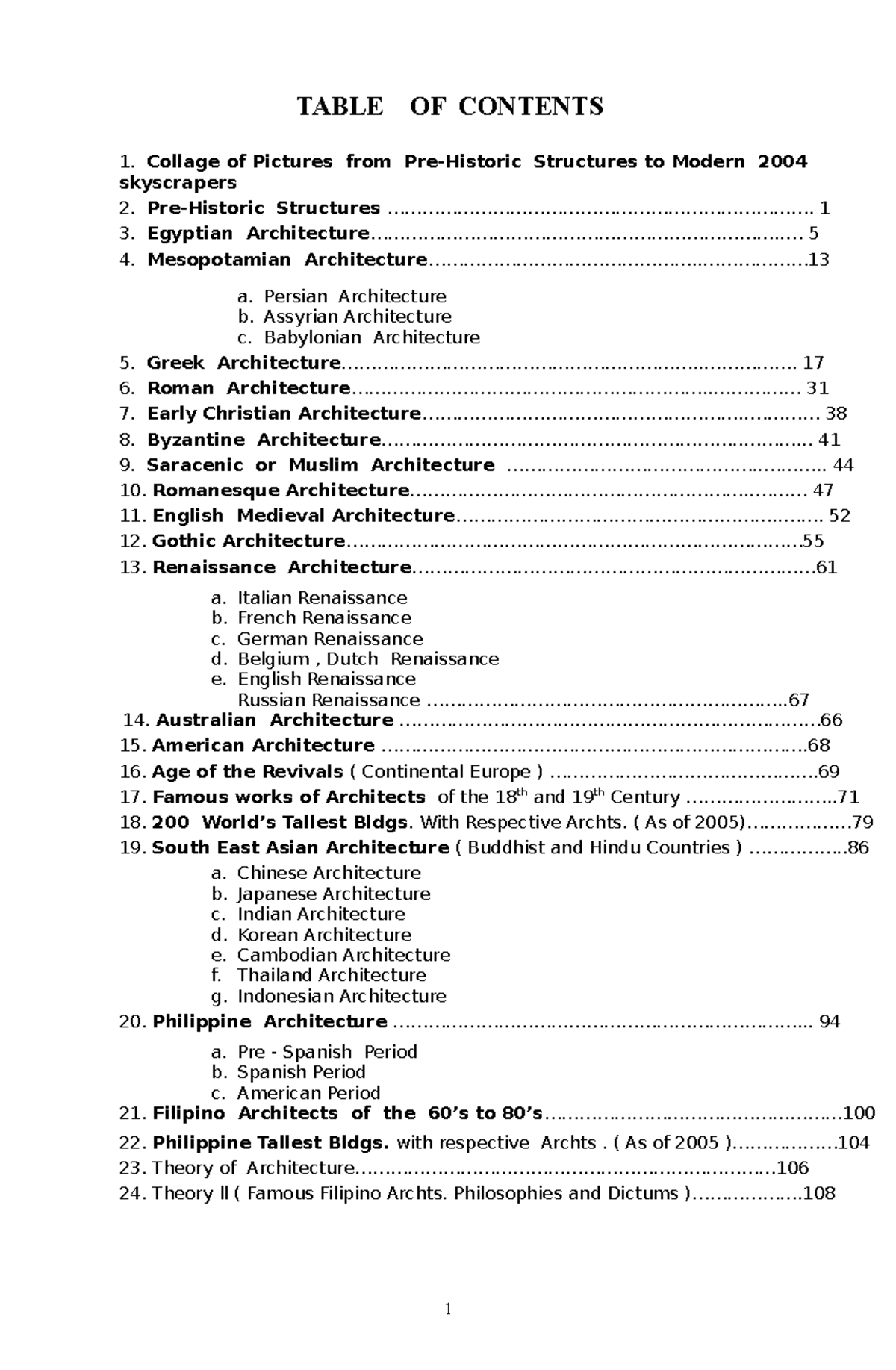 B - Pre Historic - Egyptian 01-13 Revised - TABLE OF CONTENTS Collage ...