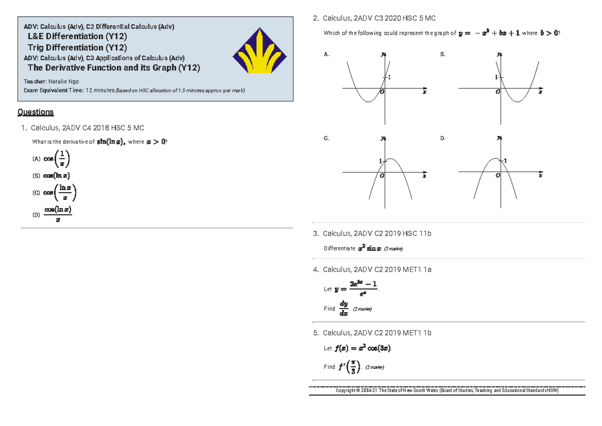 Y12 MA Ch 4 past hsc questions and answers - 1. Calculus, 2ADV C4 2018 ...