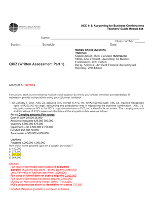 Quiz Leases Part 1 - Quiz To Be Solve - Chapter 7 Leases Part 1 NAME ...