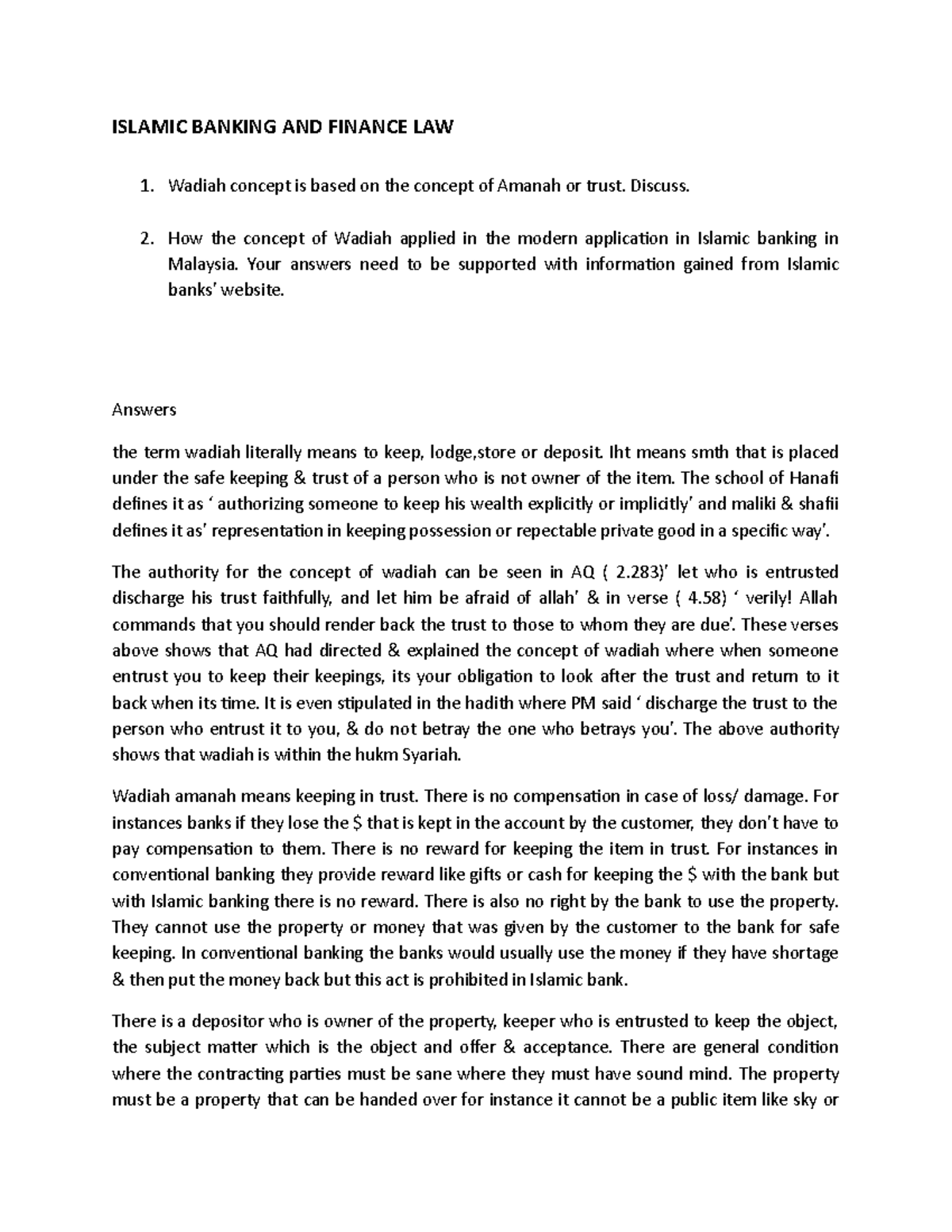 islamic banking & finance- wadiah concept - ISLAMIC BANKING AND FINANCE ...