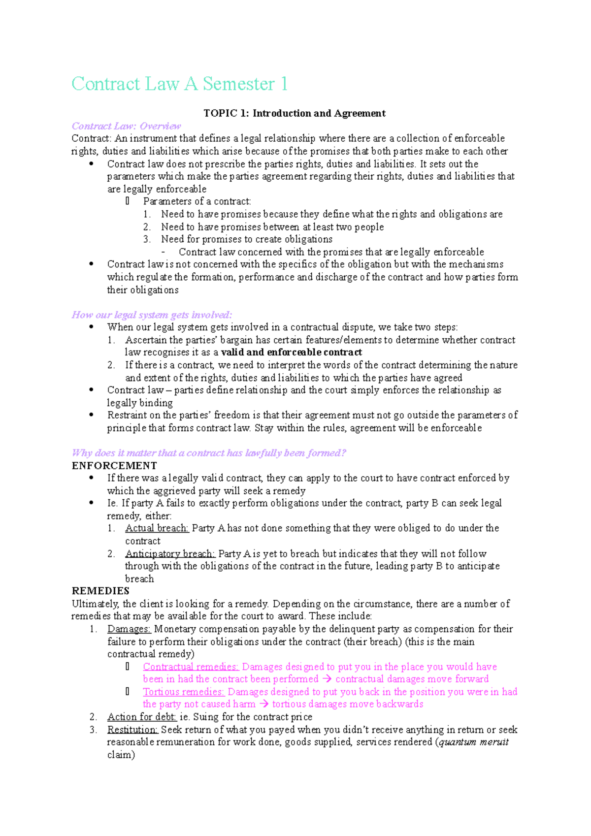 Contract notes - Contract Law A Semester 1 TOPIC 1: Introduction and ...