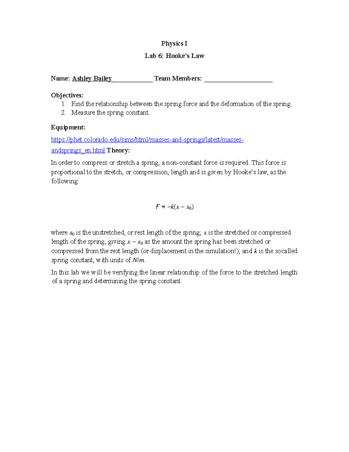 08 PHYS101 Lab Hookes Law Phet - Physics I Lab 6: Hooke’s Law Name ...