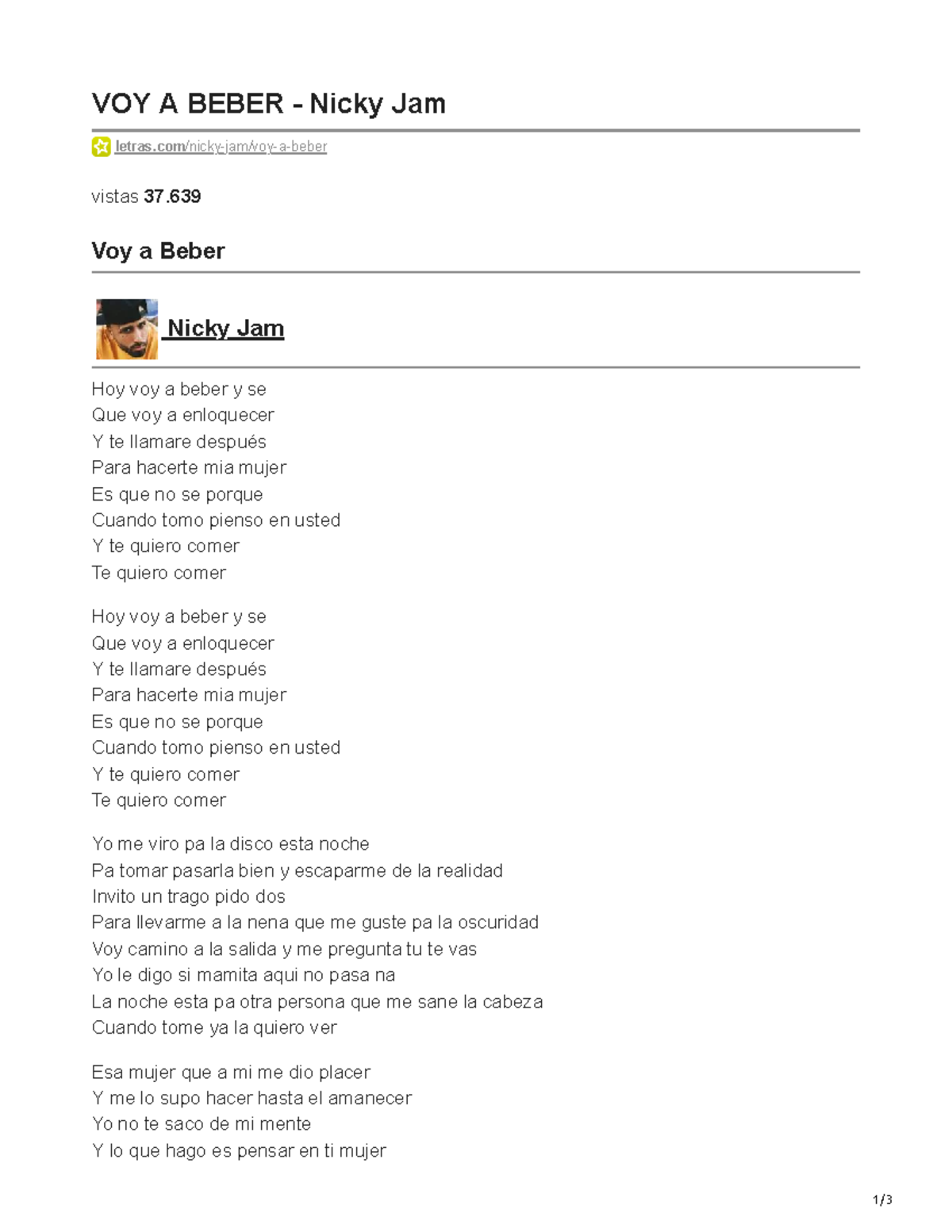 A Beber Nicky Jam 1/ VOY A BEBER Nicky Jam letras