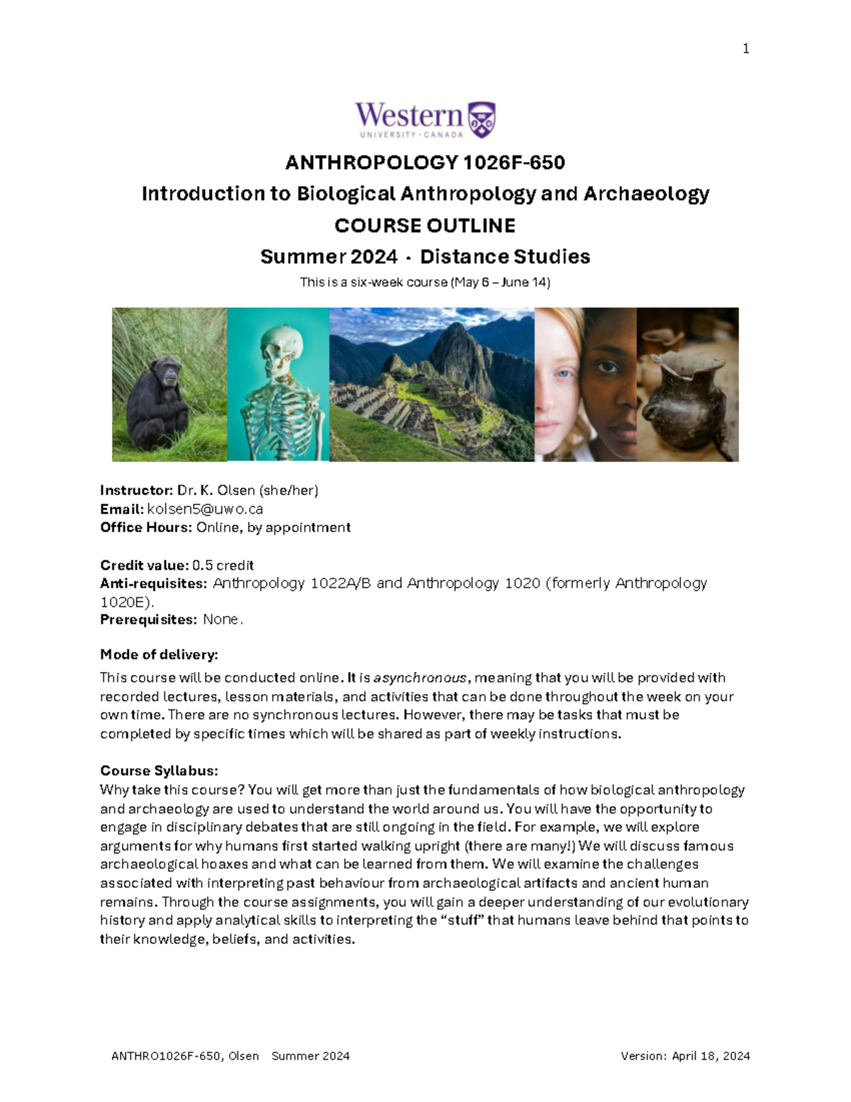 1026F course outline - ANTHROPOLOGY 1026 F- 650 Introduction to ...