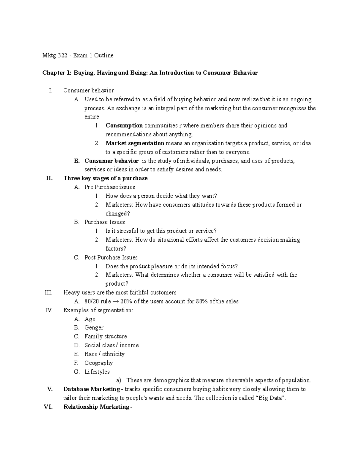 Mktg 322 - Exam 1 Outline - Mktg 322 - Exam 1 Outline Chapter 1: Buying ...