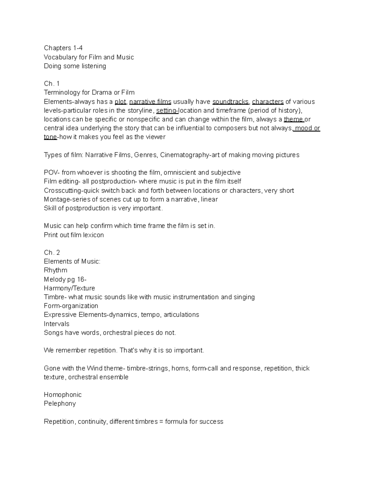 HON 480 Music in Film Notes - Chapters 1- Vocabulary for Film and Music ...