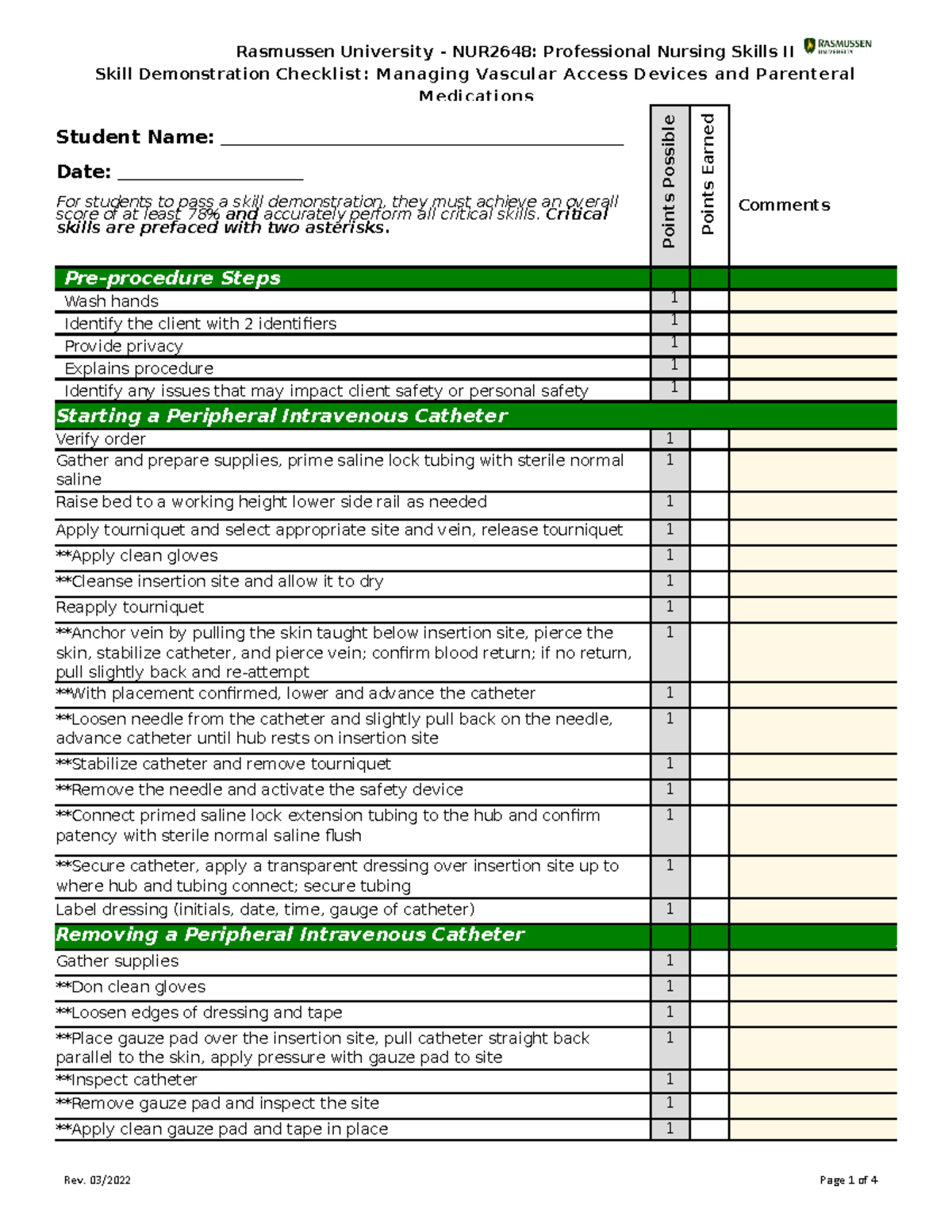 NUR2648 Skill Demonstration Checklist - Managing Vascular Access ...