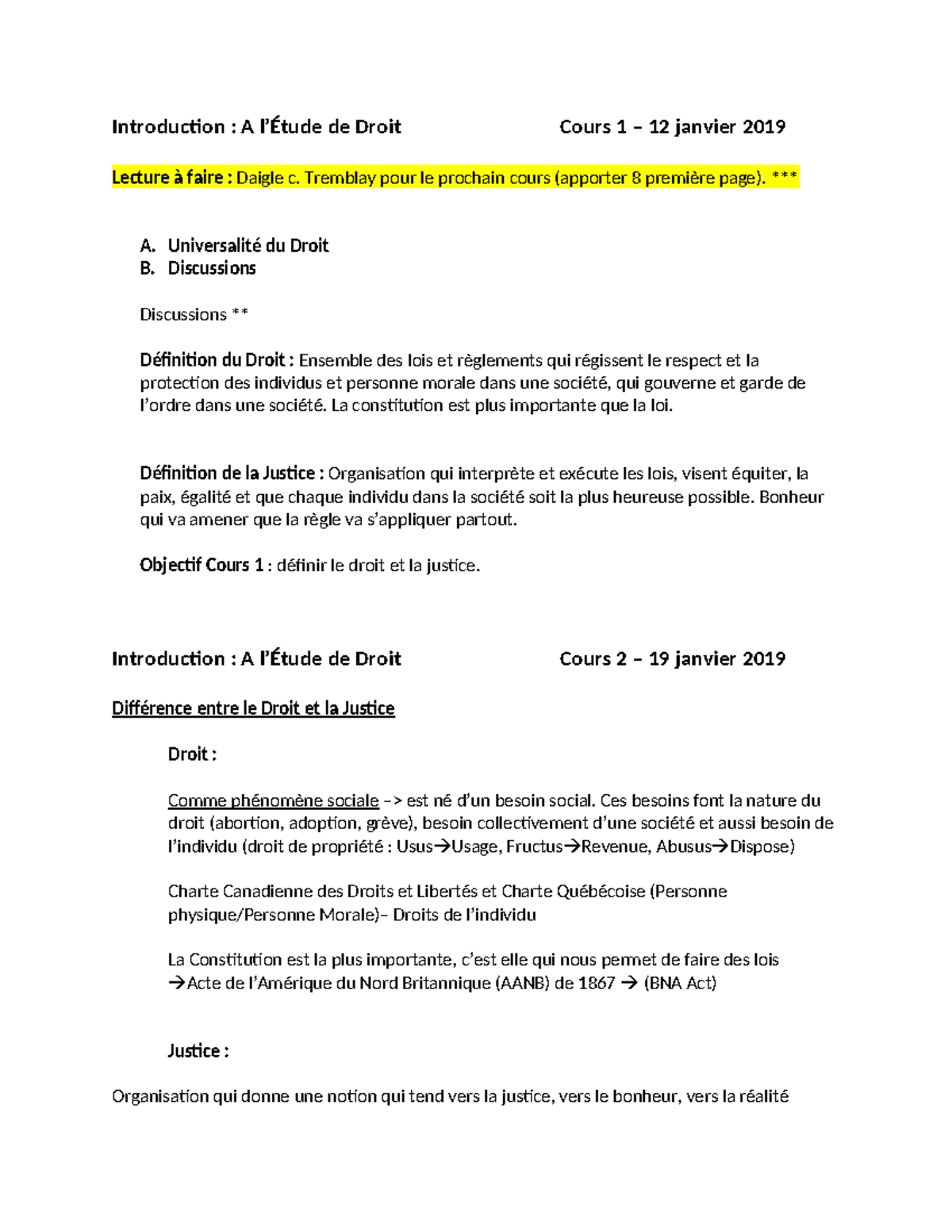 Notes Intro - Introduction : A l’Étude de Droit Cours 1 – 12 janvier ...