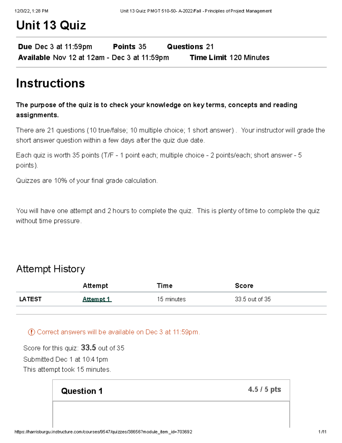 Unit 13 Quiz PMGT 510-50- A-2022 Fall - Principles of Project ...