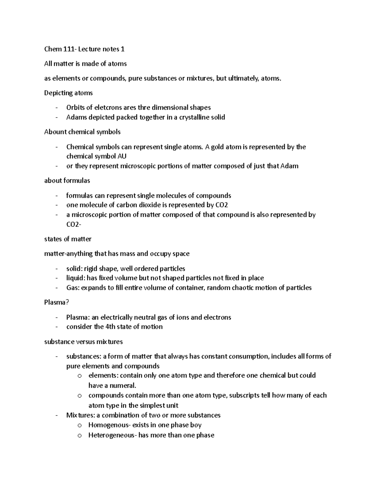Chem 111 lecture 1 - Chem 111- Lecture notes 1 All matter is made of ...