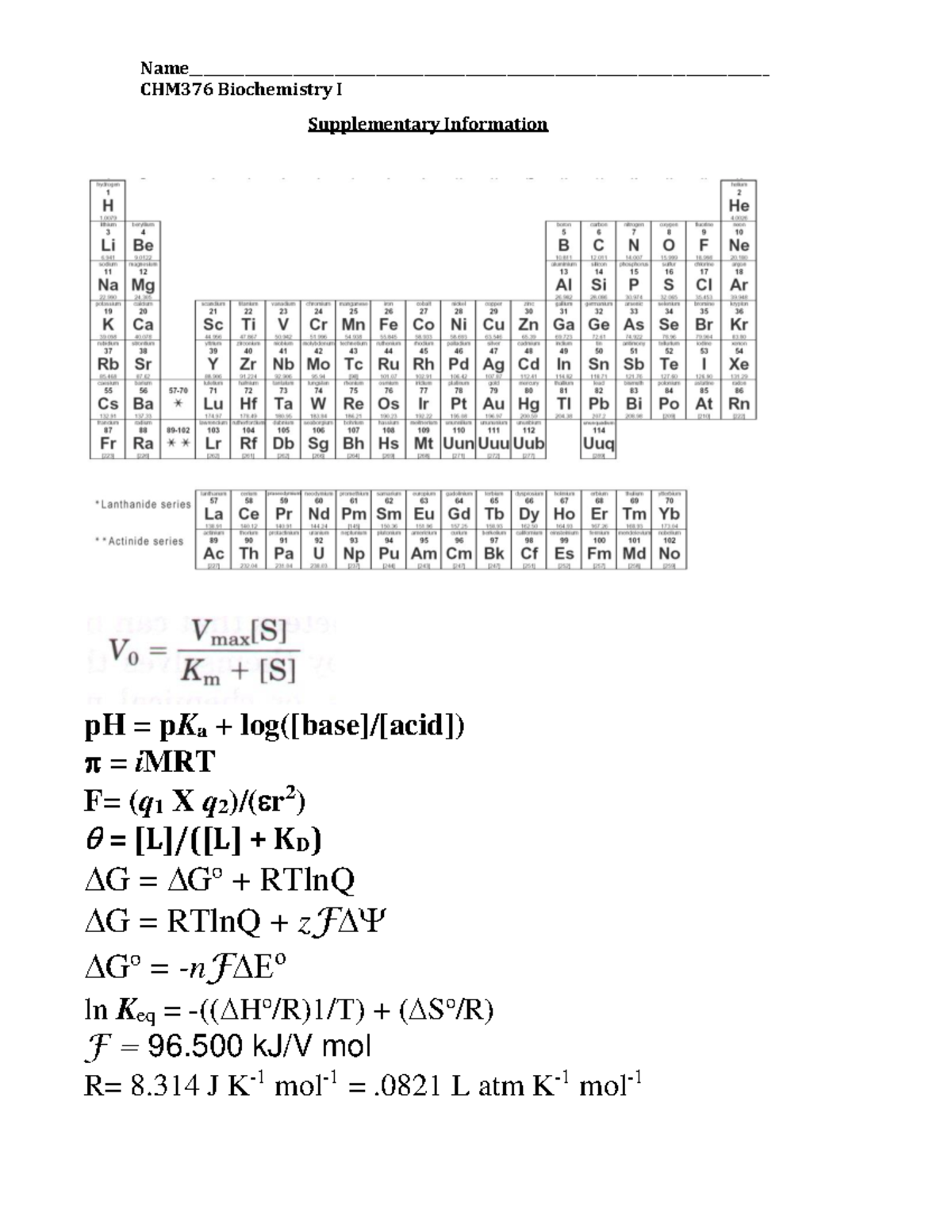 FACT Sheet Biochem CHM376 Biochemistry I Supplementary Information pH