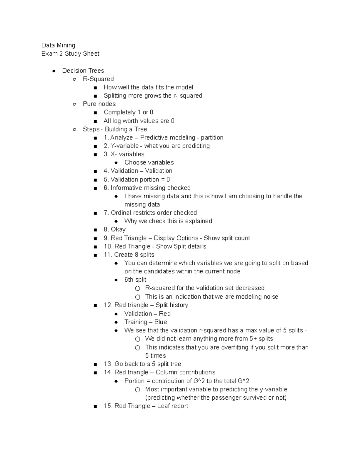 DM Exam 2 Study Sheet - Data Mining Exam 2 Study Sheet Decision Trees R ...
