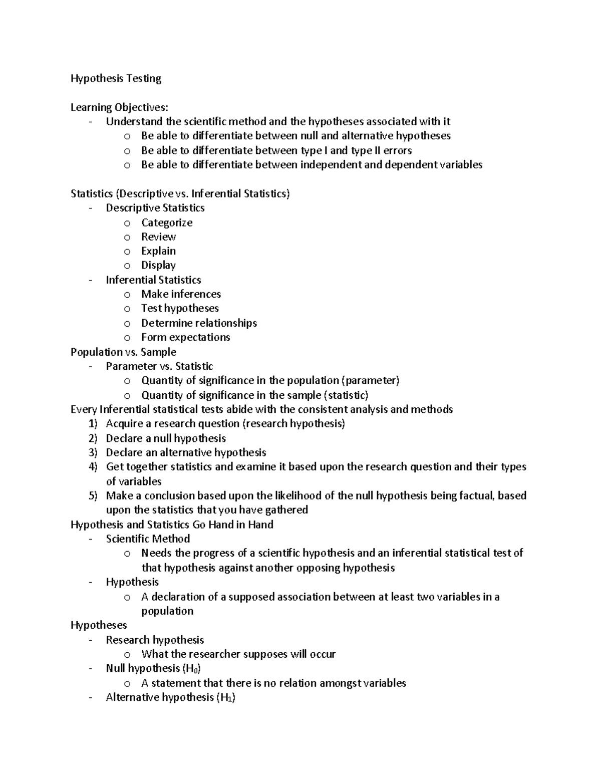 Stats Notes 9 - Hypothesis Testing Learning Objectives: - Understand ...