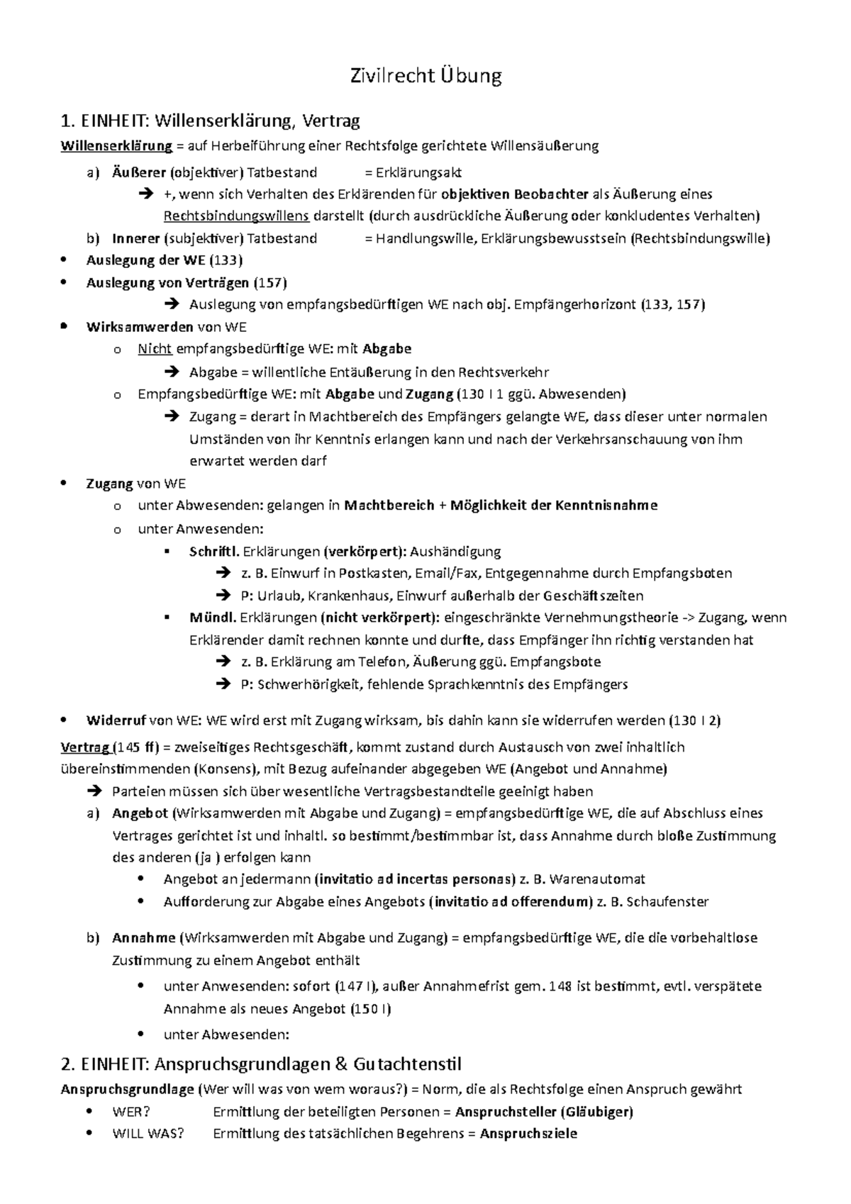 Zivilrecht Zusammenfassung Der Übungen - Zivilrecht 1. EINHEIT: Vertrag ...