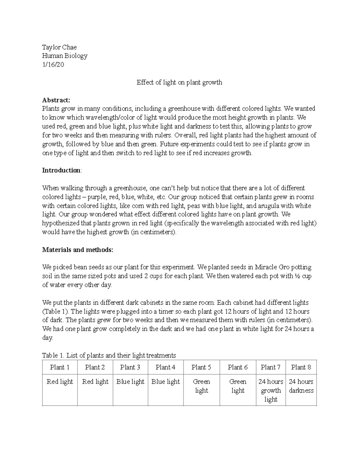 Lab 1 Example lab report HB Taylor Chae Human Biology 1/16/ Effect of