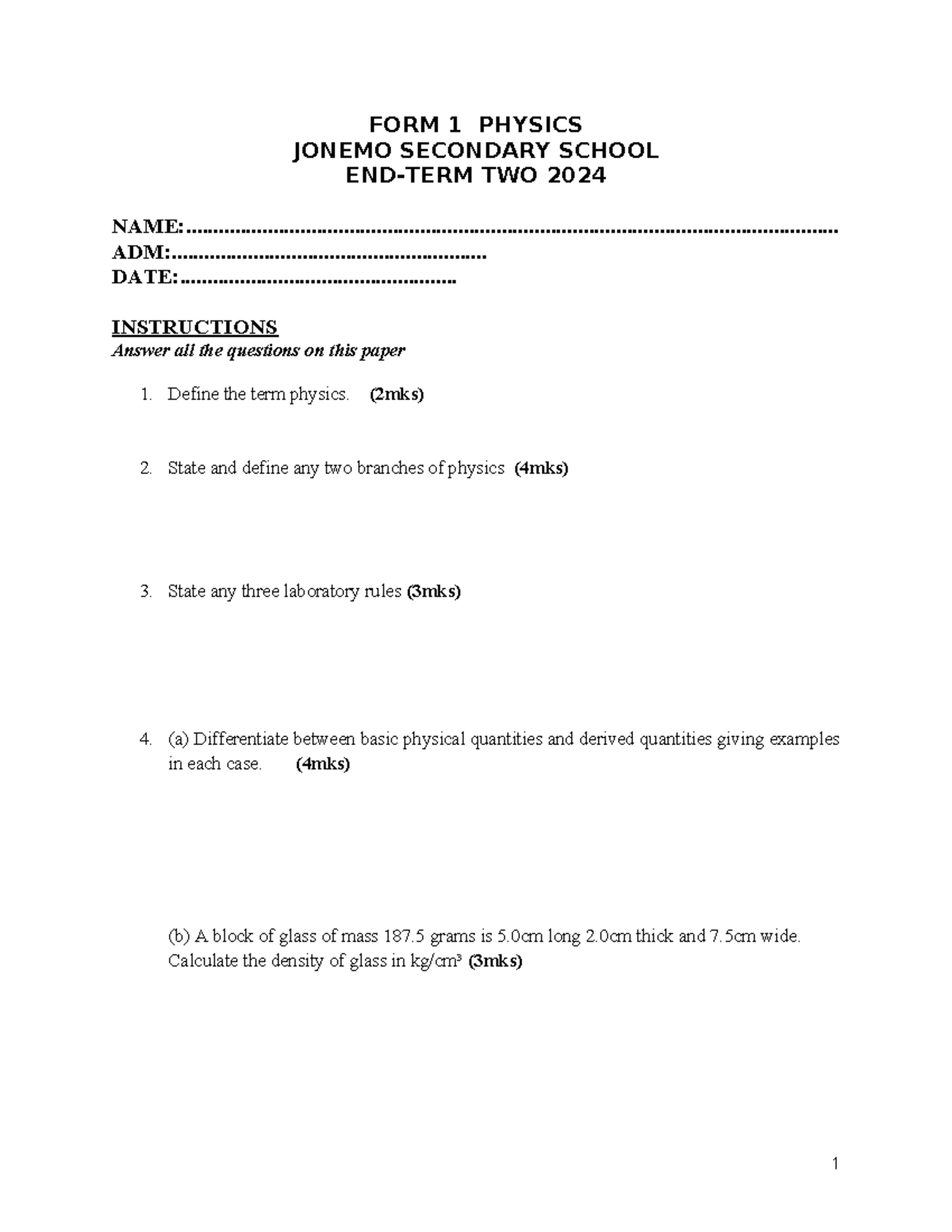 F1 END T2 - Physics form 1 paper - FORM 1 PHYSICS JONEMO SECONDARY ...