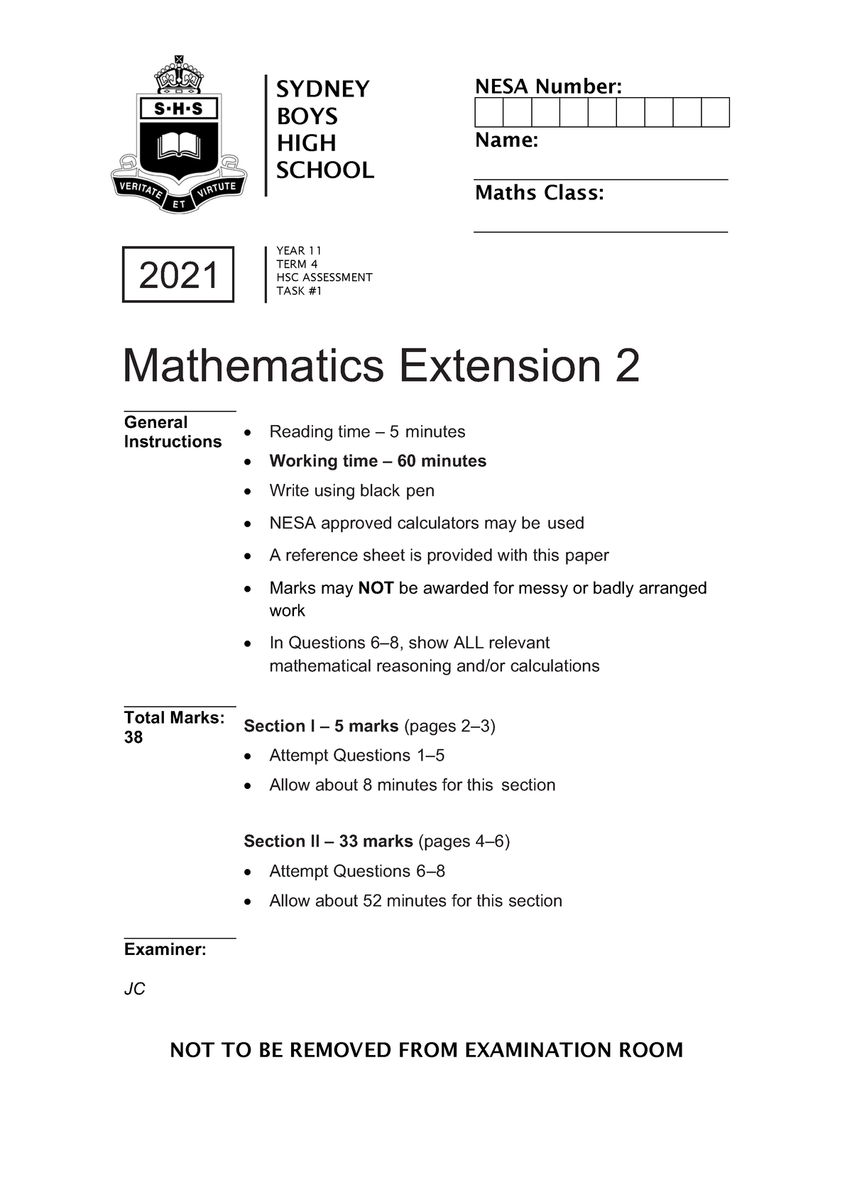 SBHS 2021 ME 2 HSC Task 1 - Complex numbers past paper - SYDNEY BOYS ...