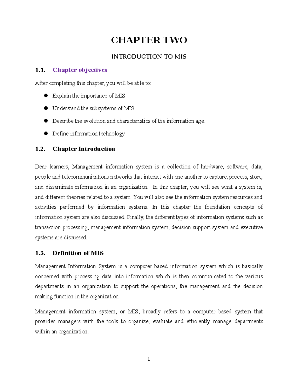 Mischapter 1 new - about information system - CHAPTER TWO INTRODUCTION ...