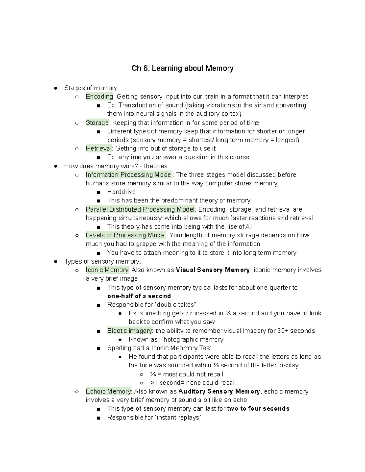 PSYC 101 Class Notes - Ch 6: Learning About Memory Stages Of Memory ...