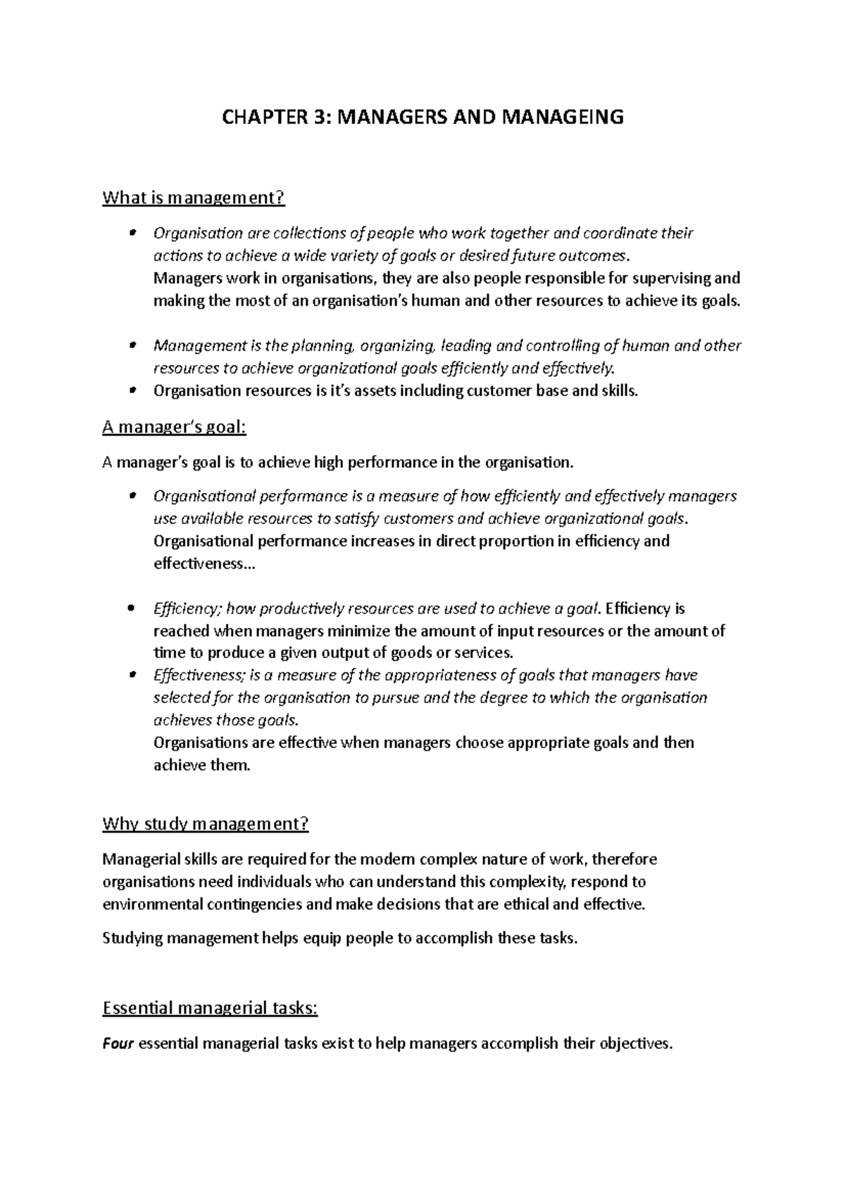 Chapter 3 Managers and managing summary OBS 114 - CHAPTER 3: MANAGERS ...