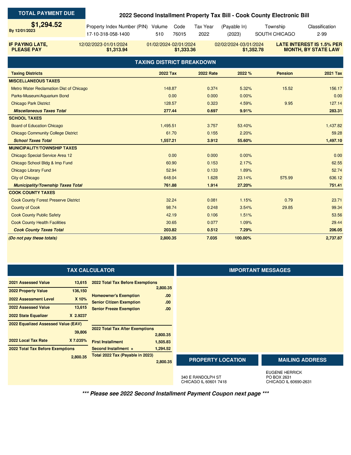 Cook County Property Tax Bill 2022Second Installment IF PAYING LATE