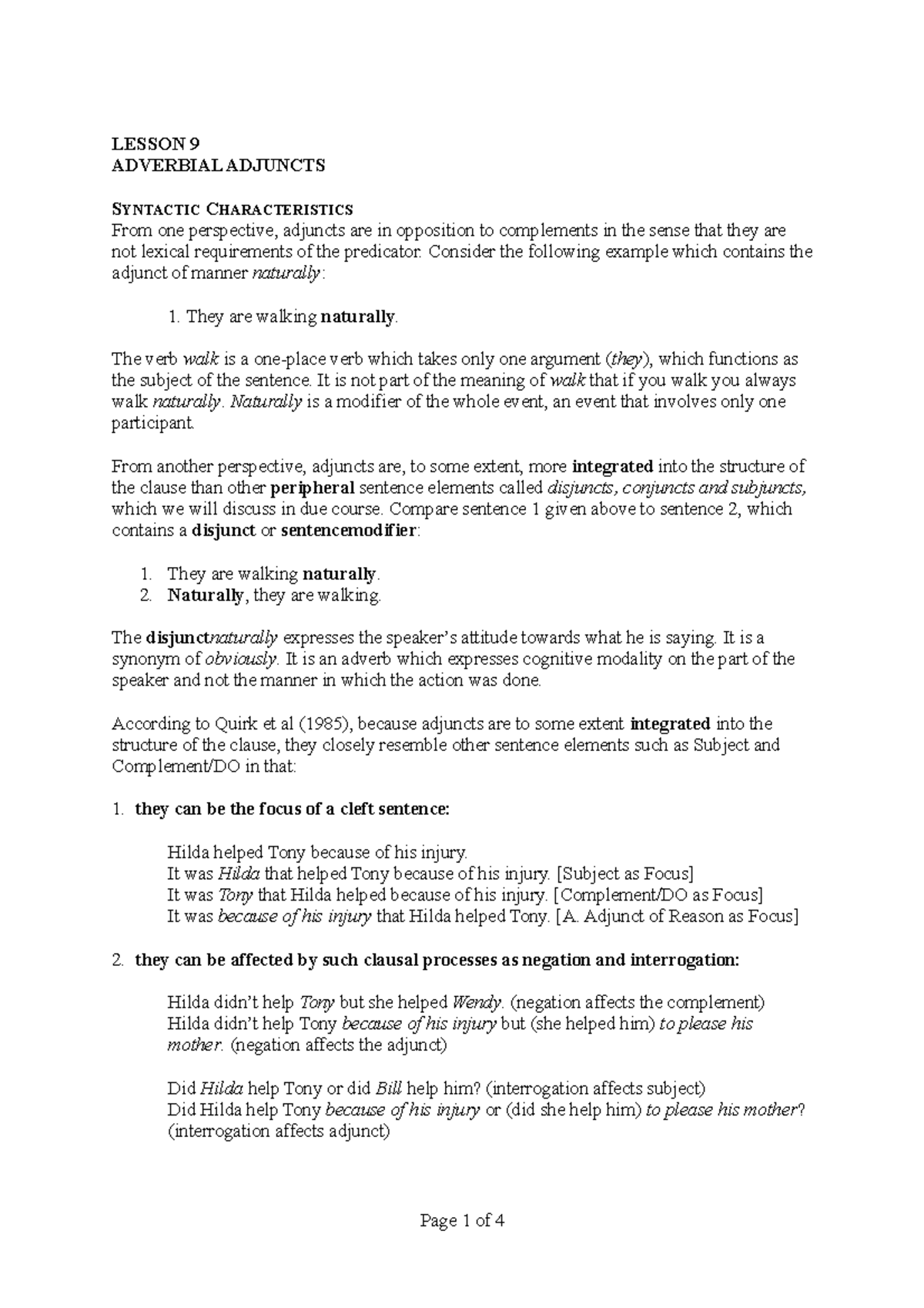 9 Adverbial Adjuncts - LESSON 9 ADVERBIAL ADJUNCTS SYNTACTIC ...