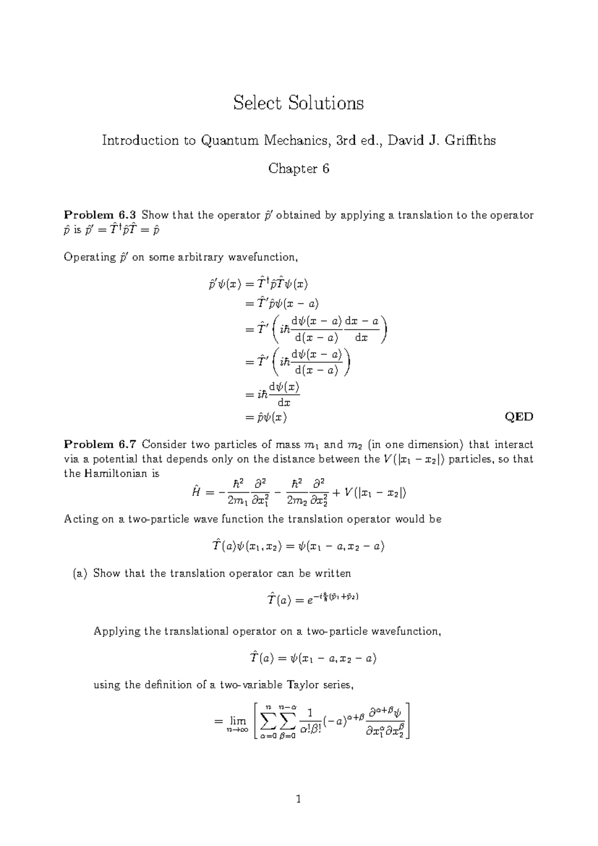 Griffiths QM ed 3 Ch 6 solutions - Select Solutions Introduction to ...