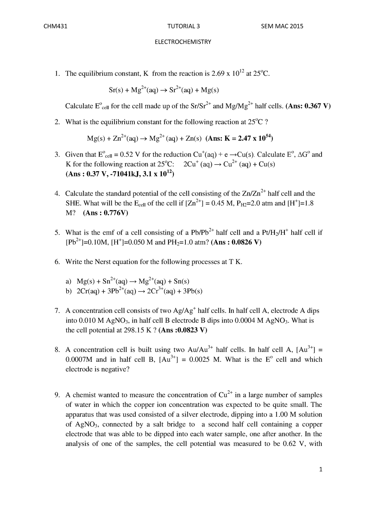 Tutorial Electrochemistry - CHM431 TUTORIAL 3 SEM MAC 2015 ...