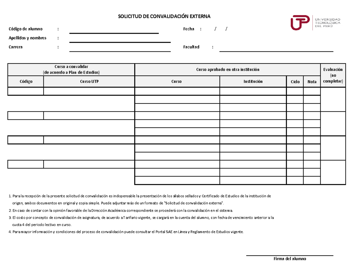 Solicitud de convalidación externa - CÛdigo de alumno : Fecha ...