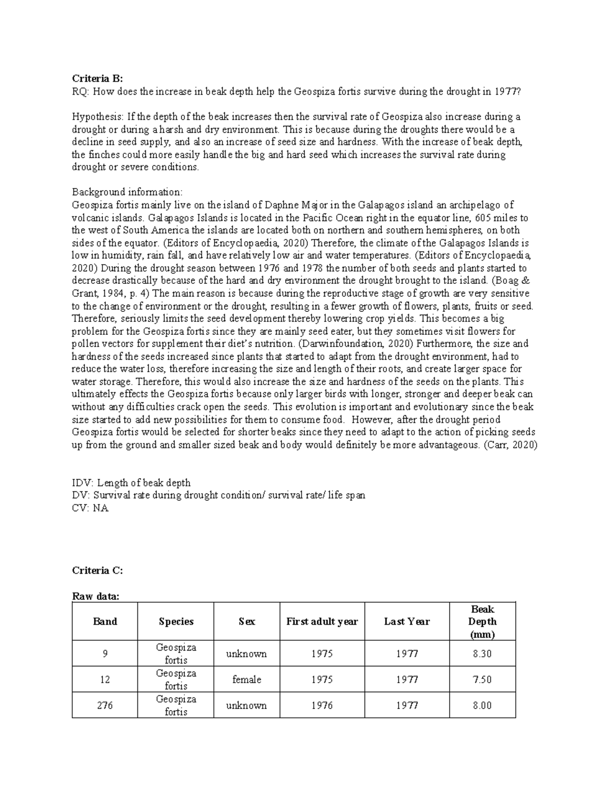 Biology Geospiza final correct one - Criteria B: RQ: How does the ...