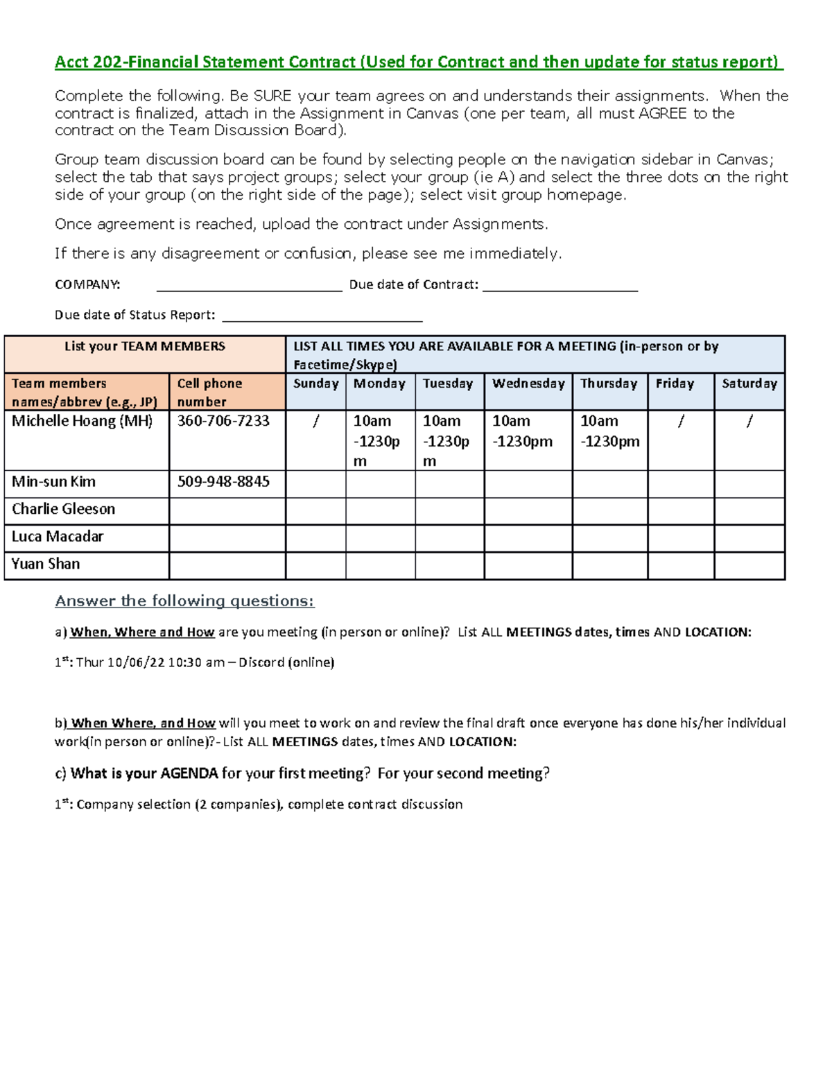 Acct 202 Financial Statement Analysis Contract and Status Report (1 ...