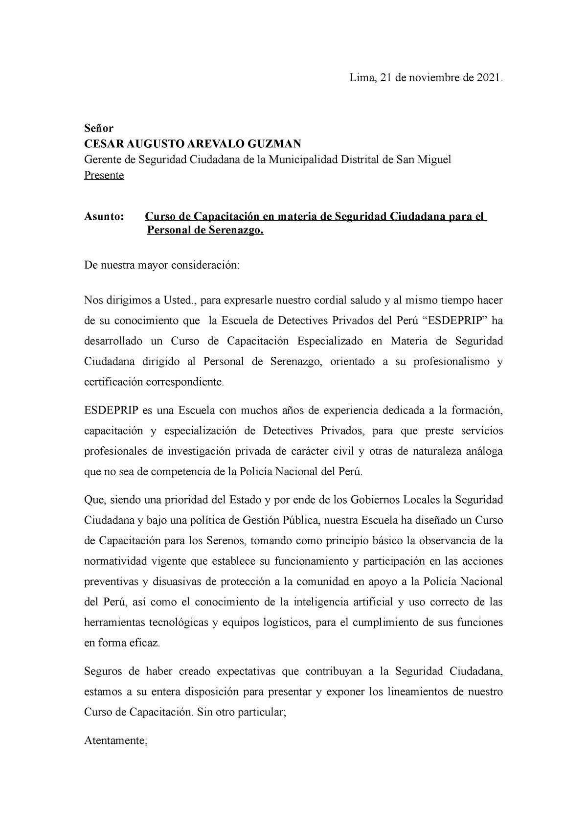 Carta Seguridad Ciudadana PARA LA SEGURIDAD VIAL - Lima, 21 de ...