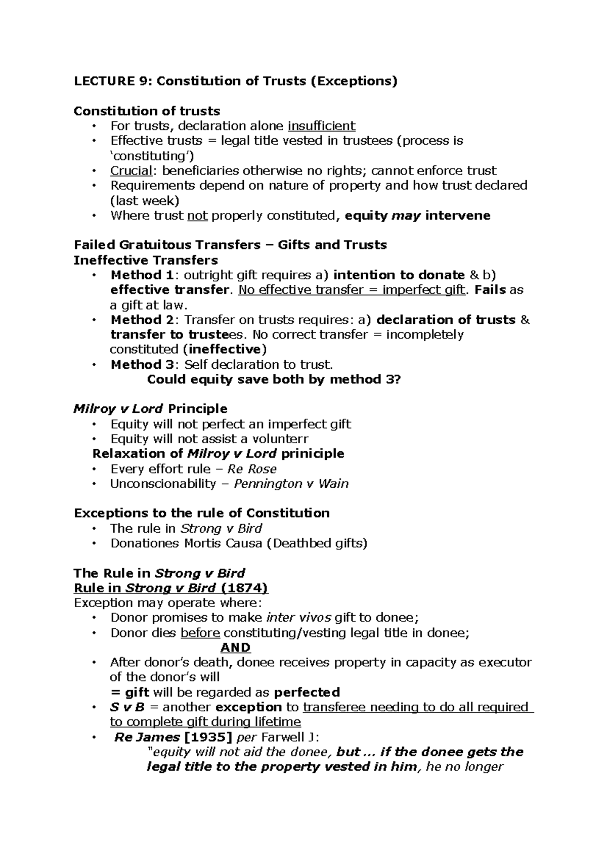 Lecture 9-12 - LECTURE 9: Constitution of Trusts (Exceptions ...