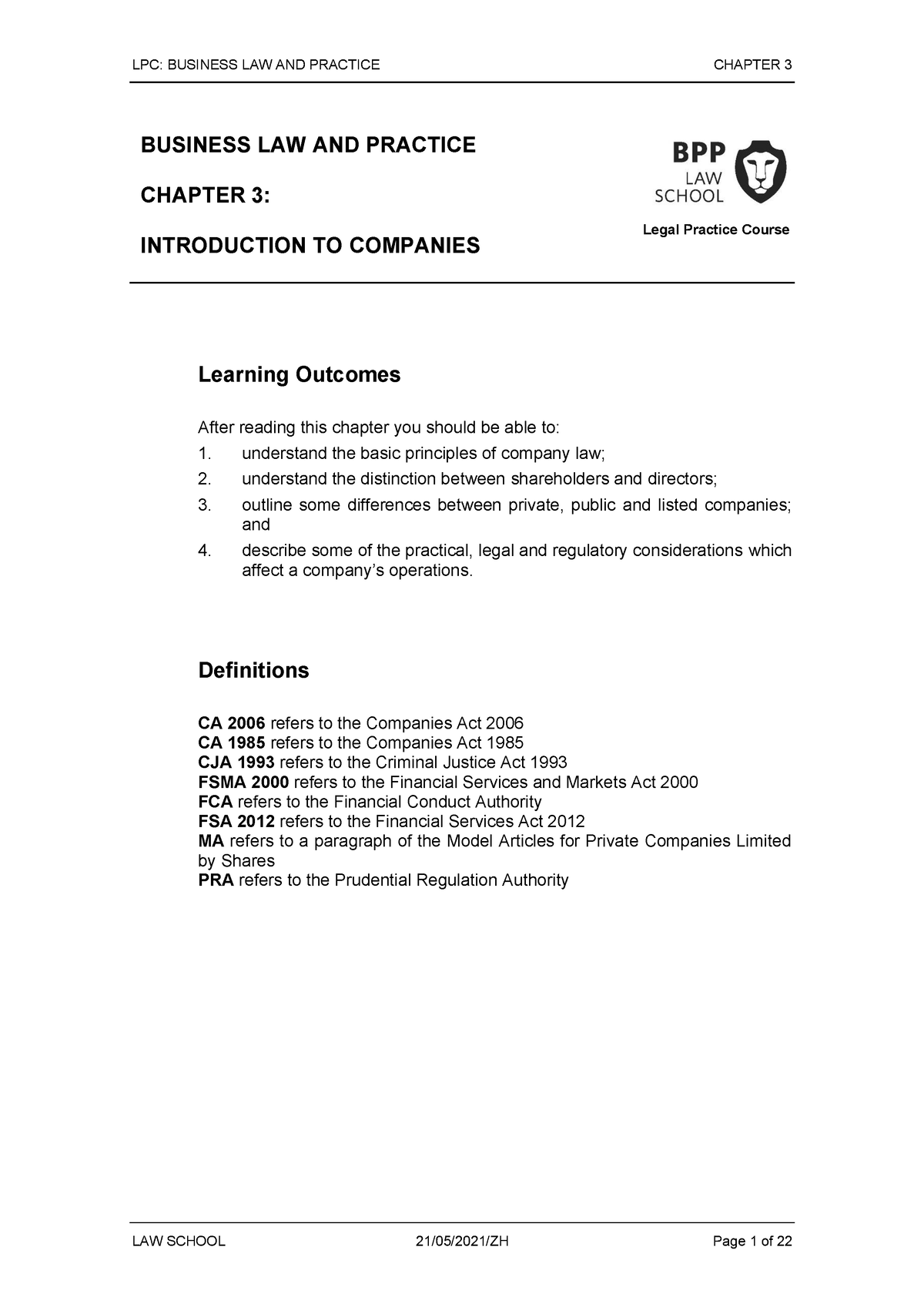 Business Law & Practice Chapter 3 2021-2022 - LPC: BUSINESS LAW AND ...