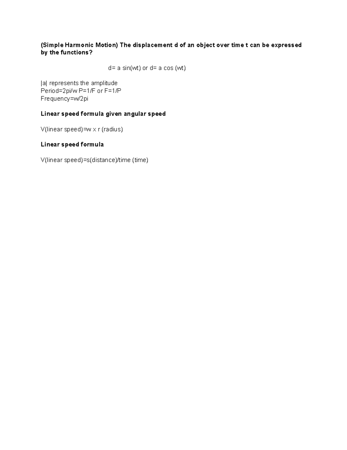 Precalculus Unit 1 Review - (Simple Harmonic Motion) The displacement d ...