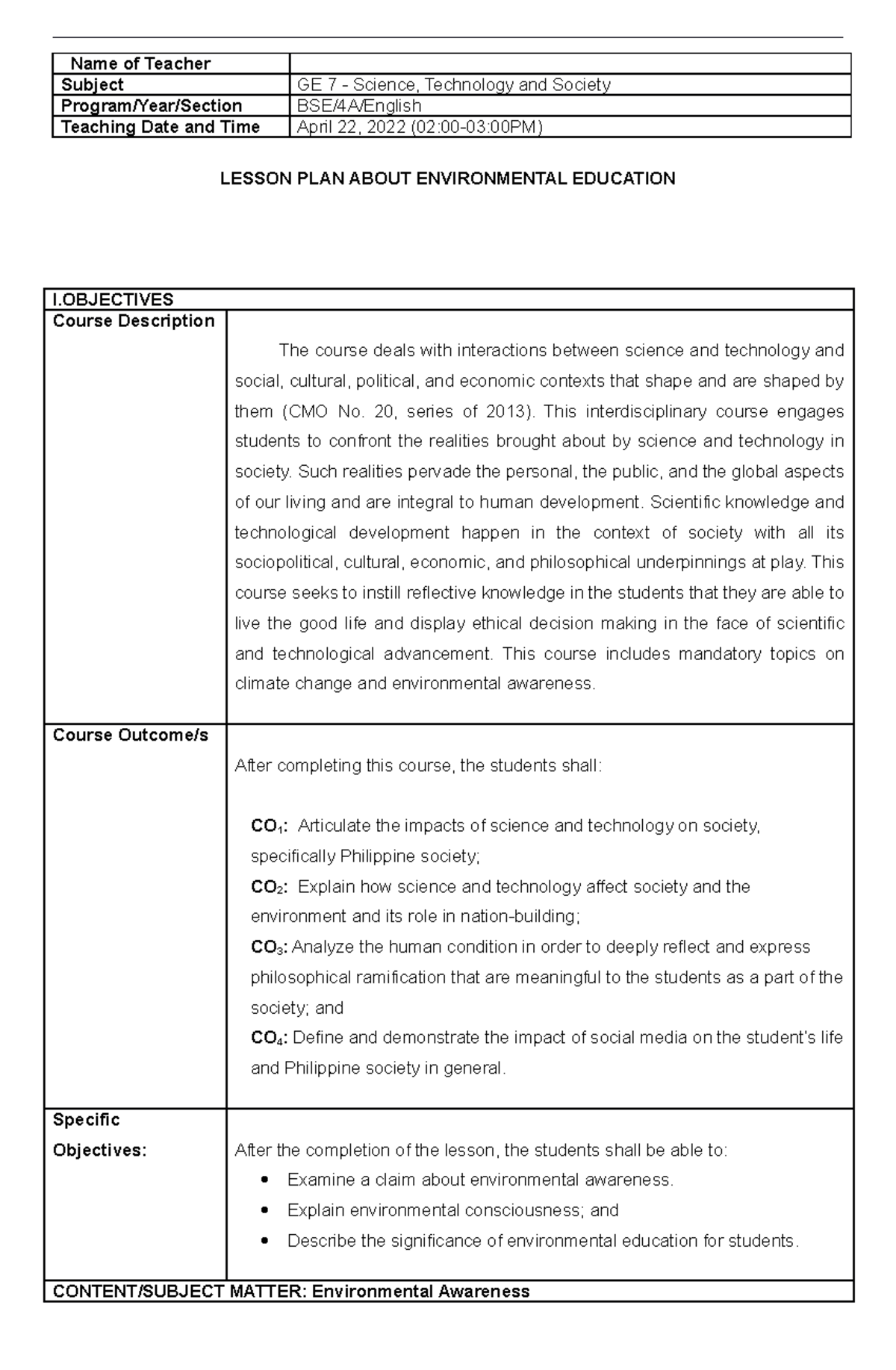 Lesson Plan About Environmental Education - Name of Teacher Subject ...