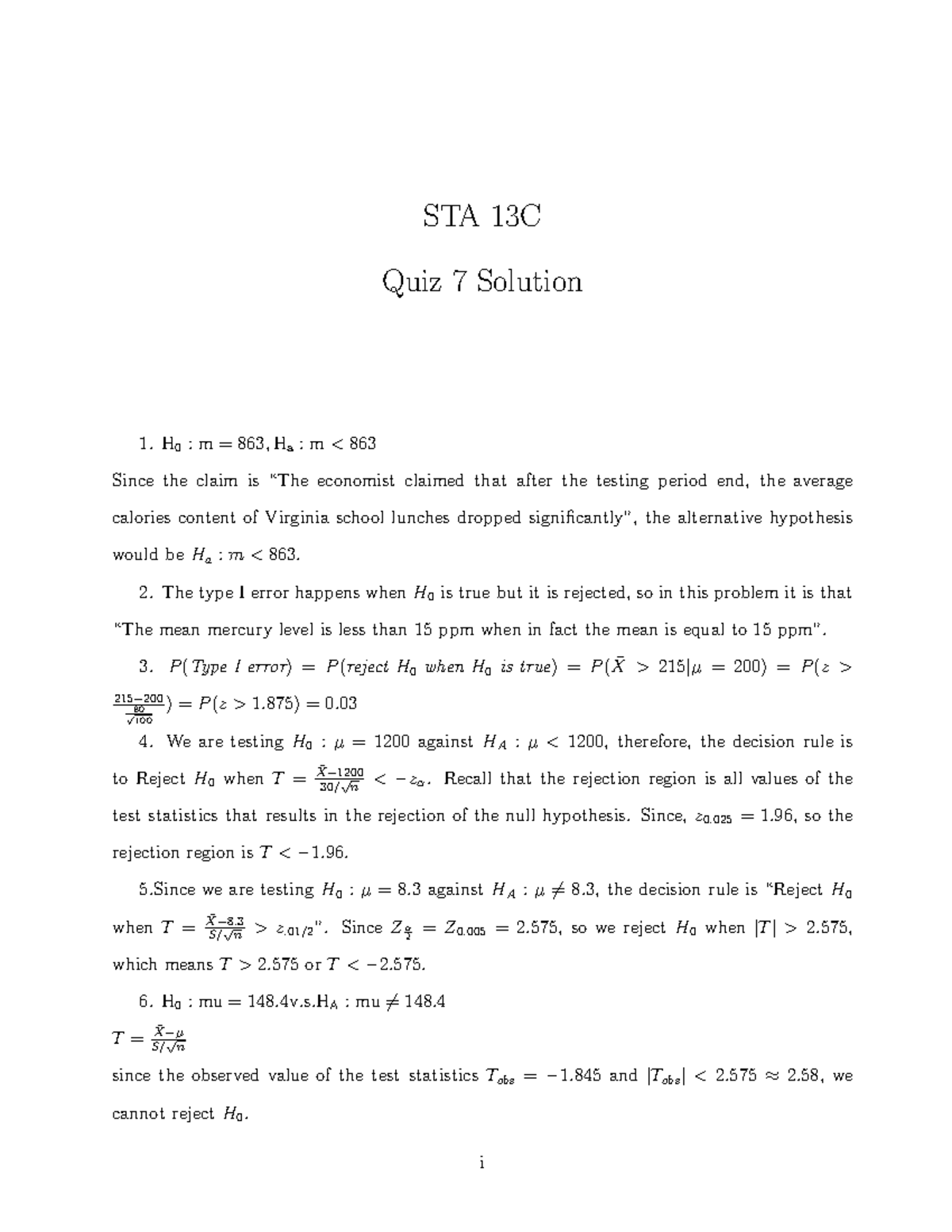 Quiz7 Solutions - Lecture notes 7 - STA 13C Quiz 7 Solution H 0 : m ...