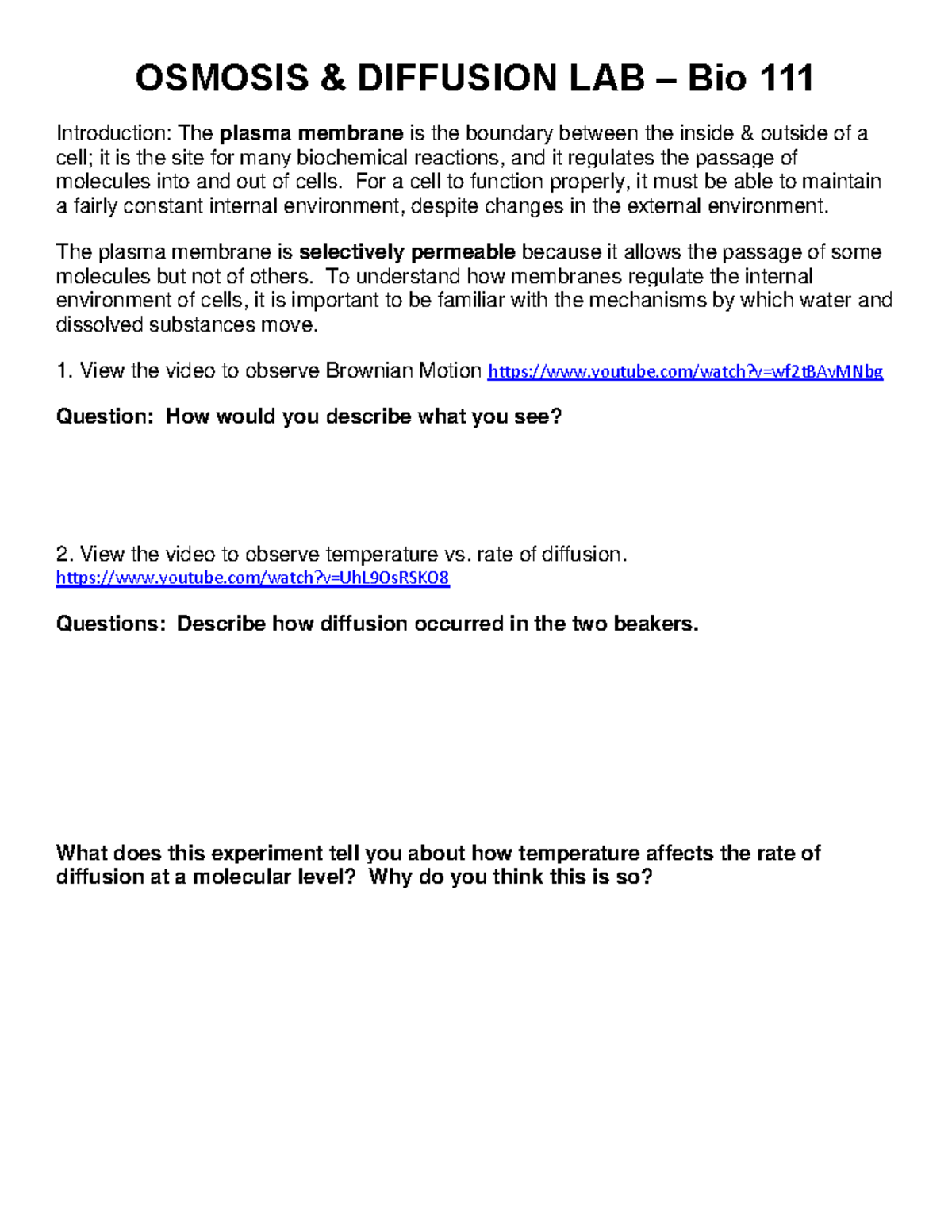 Lab 9 Osmosis - Lab - OSMOSIS & DIFFUSION LAB – Bio 111 Introduction ...