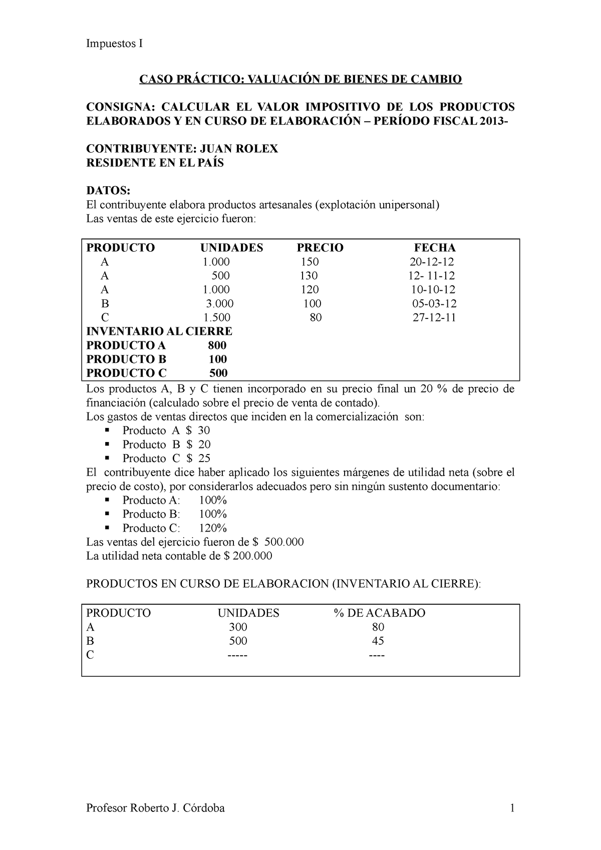 Ejercicios 11 Valuacion Inventarios Impuestos I Caso PrÁctico ValuaciÓn De Bienes De Cambio 9406