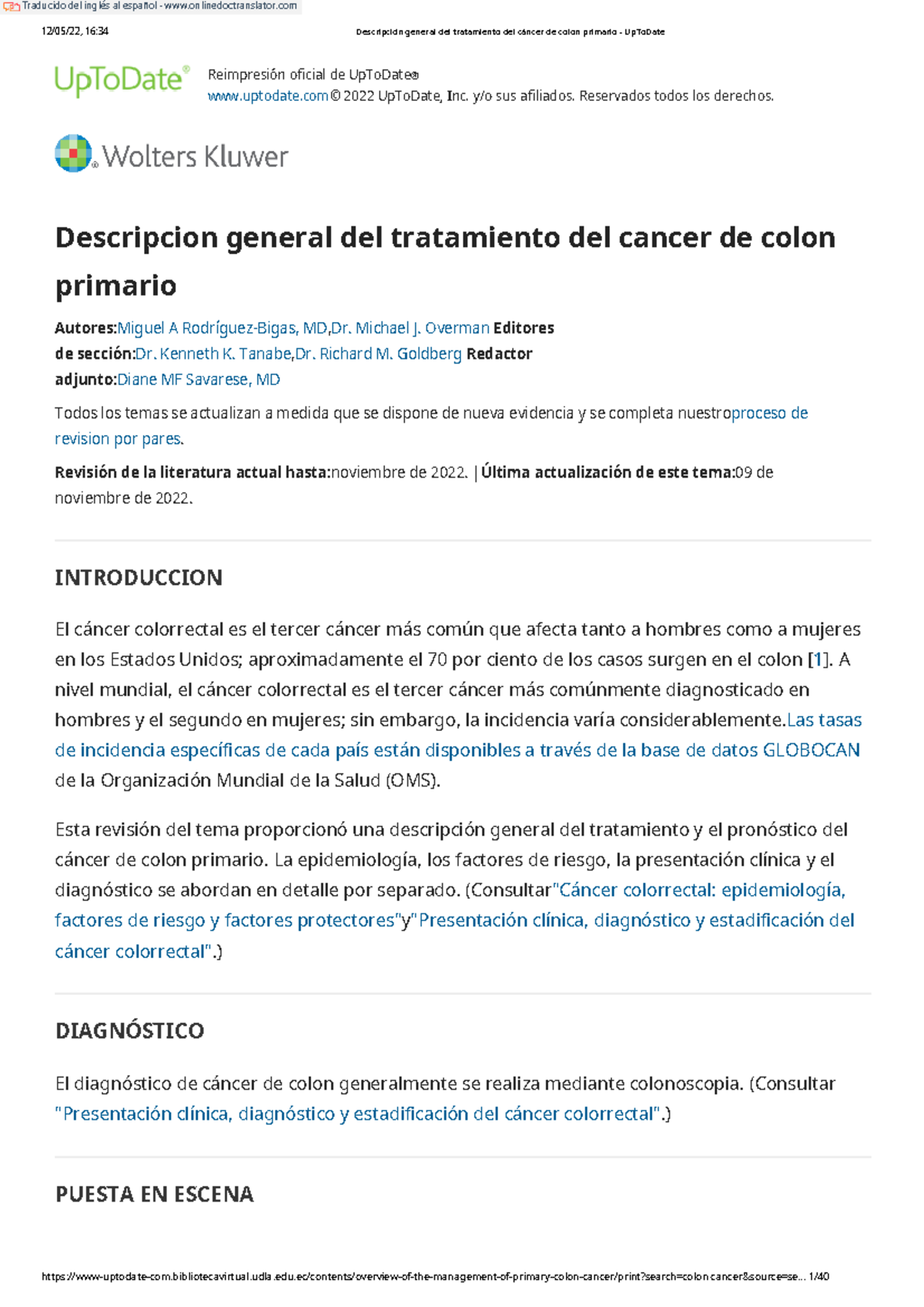 Overview of the management of primary colon cancer Up To Date 12/05