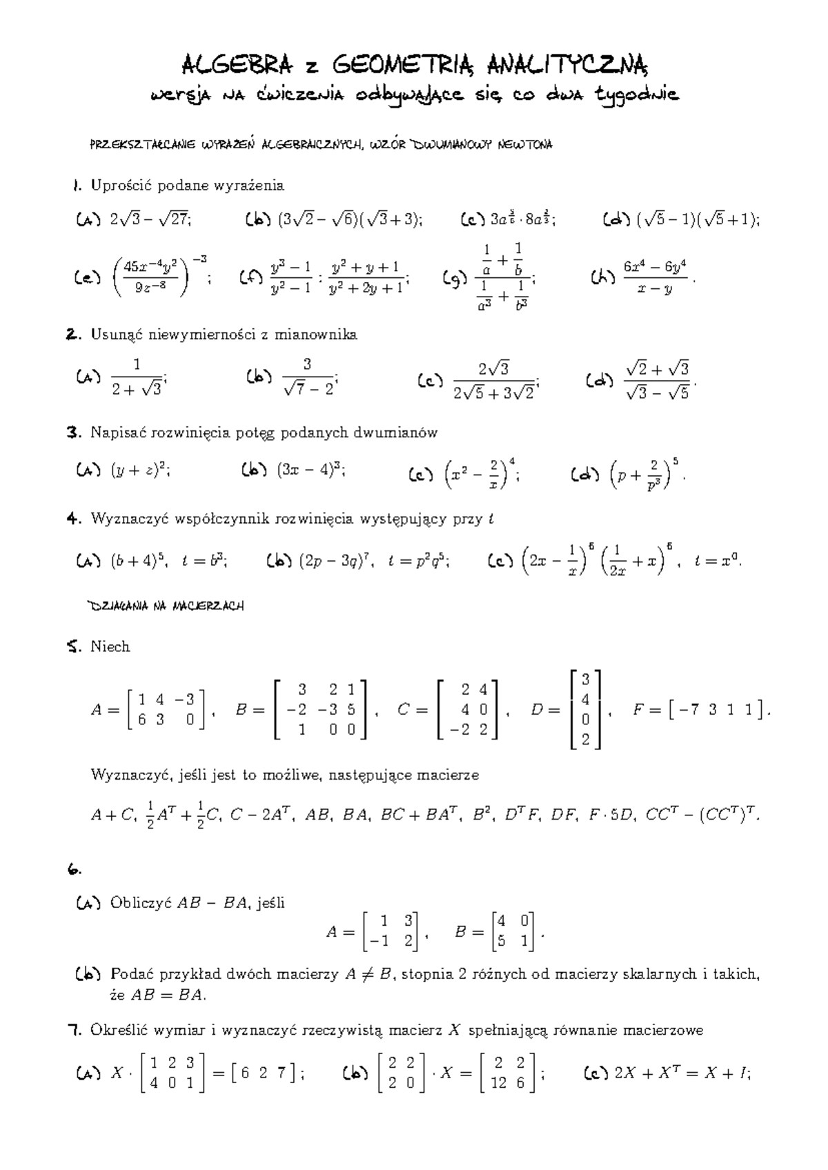 Algebra z geometria analityczna lista zadan - ALGEBRA z GEOMETRIA ...