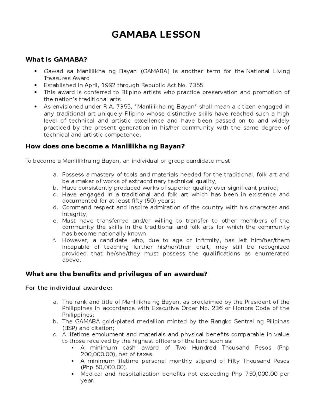 GamabaLessonModule GAMABA LESSON What is GAMABA? Gawad sa