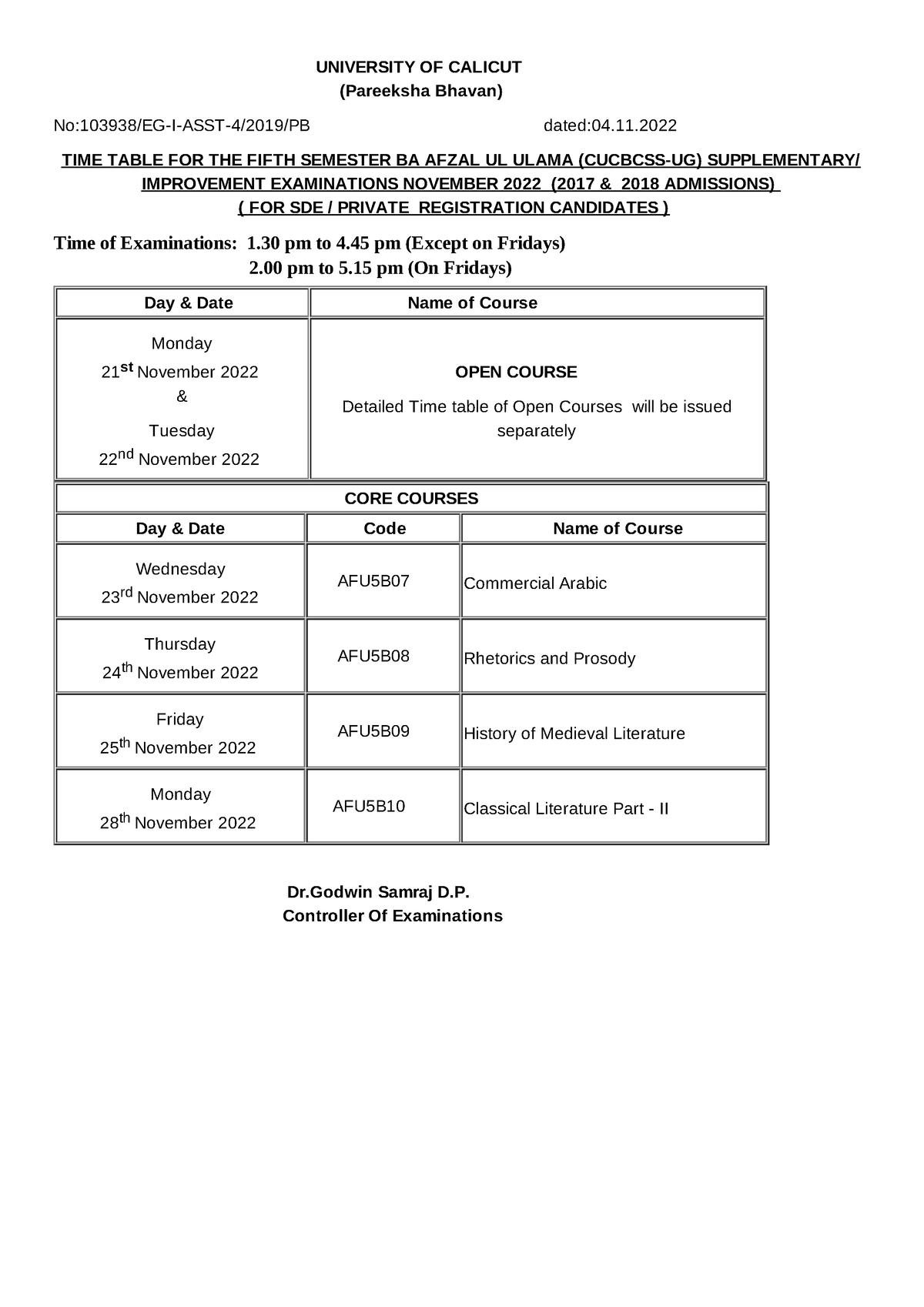 Time table 1 - UNIVERSITY OF CALICUT (Pareeksha Bhavan) No:103938/EG-I ...