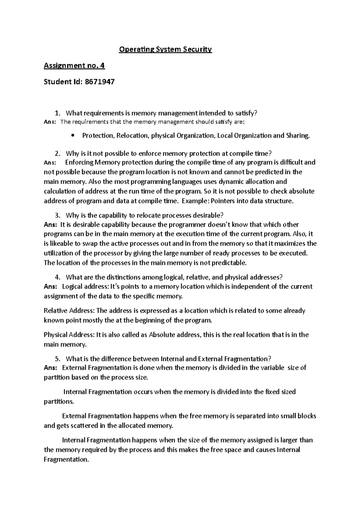 Operating System Security Assignment NO - 4 Student Id: 8671947 What ...