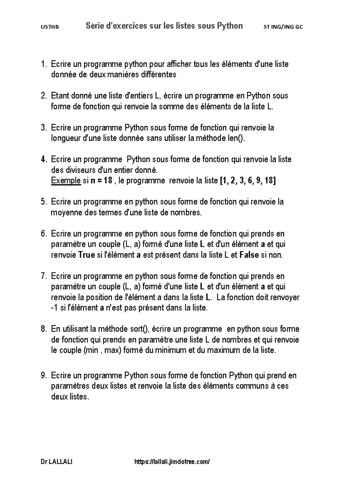Série sur les listes - python - USTHB Série d’exercices sur les listes ...