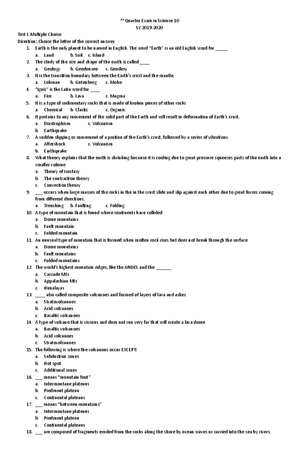 science grade 10 quarter 1 periodical test answer key