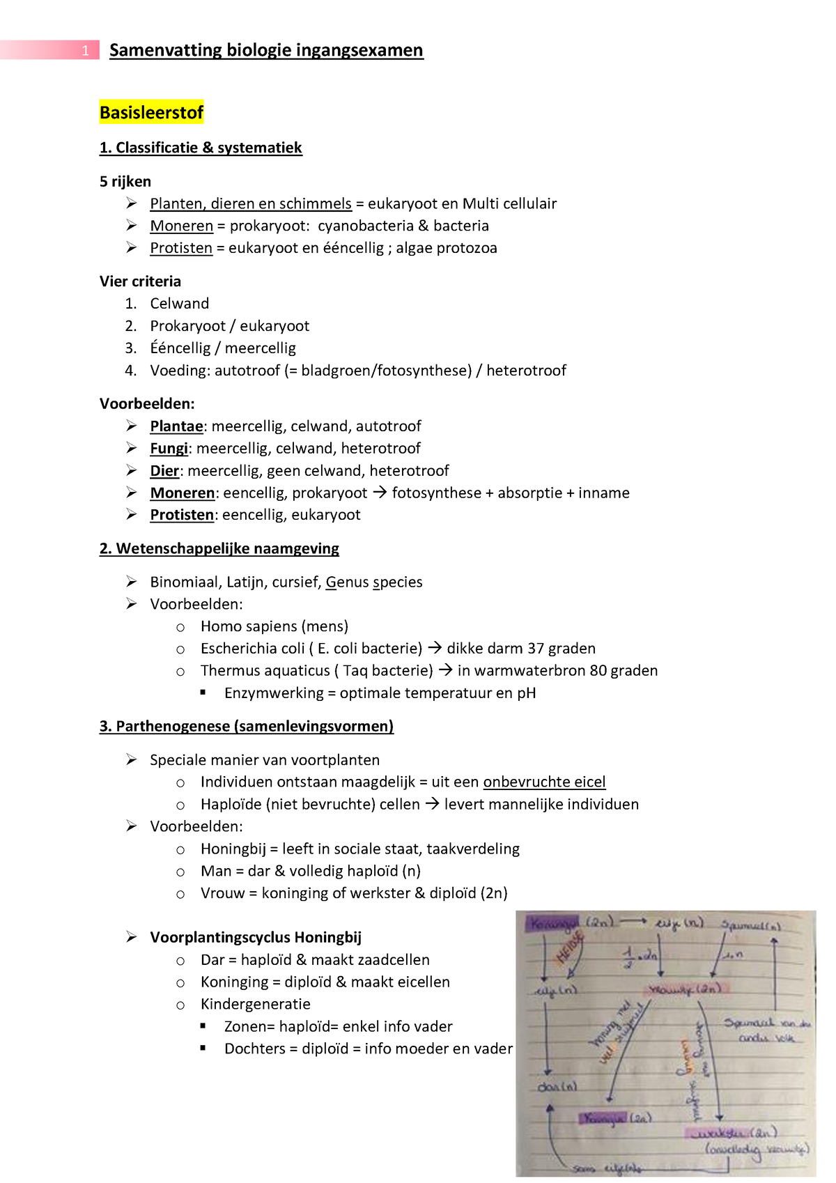 Samenvatting-Biologie-ingangsexamen - Basisleerstof 1. Classificatie ...